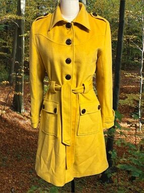 Pink Lady Mustard Yellow Wool Blend Belted Trench Coat Button Back Mod M